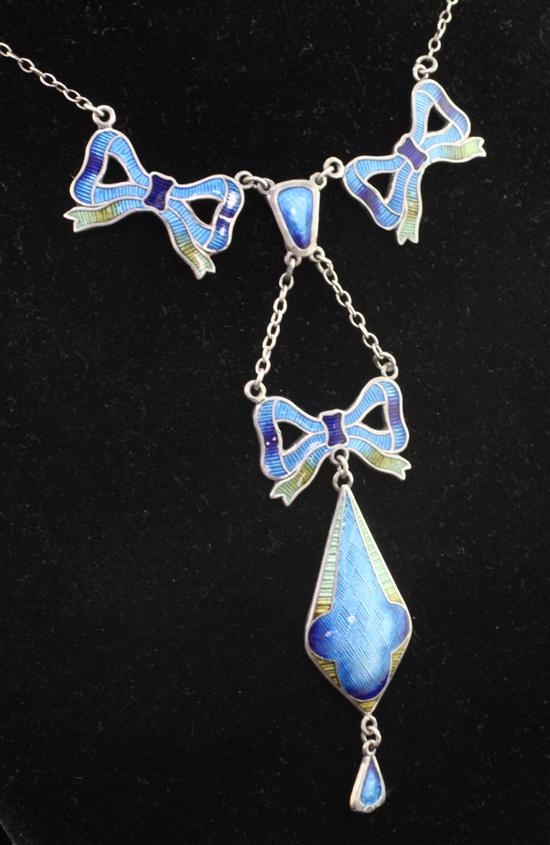 A mid 20th century? silver and guilloche enamel pendant drop necklace, enamelled section 3.75in.